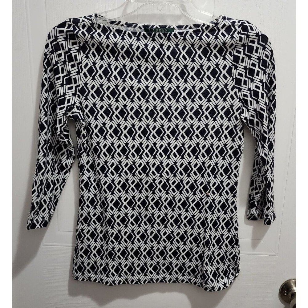 Lauren Ralph Lauren‎ Women's 3/4 Sleeve Boat Neck Top Blue/White Geo Print Sz XS